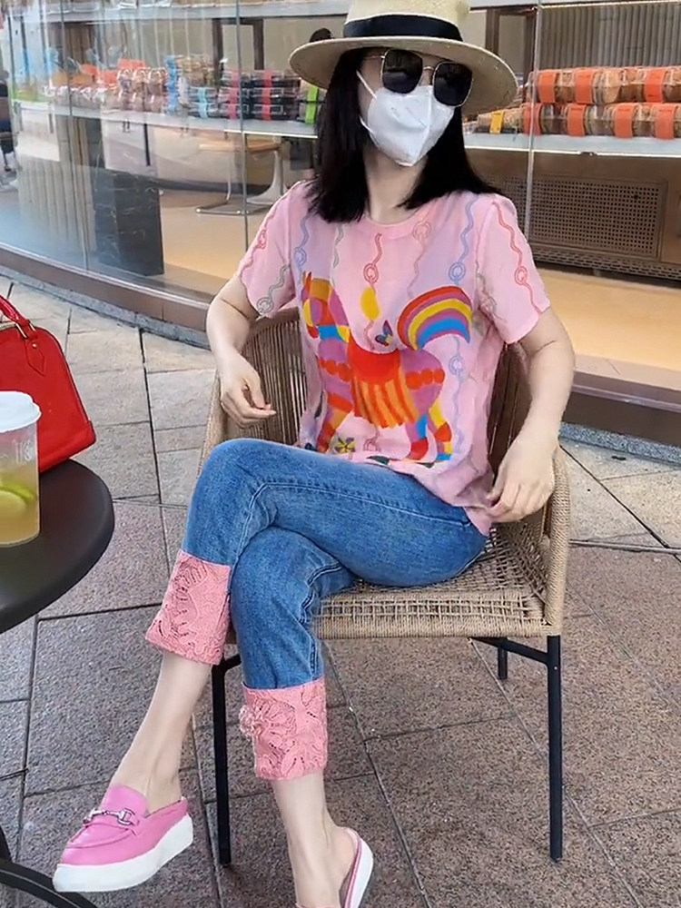 彩色小马上衣百搭花边九分牛仔裤