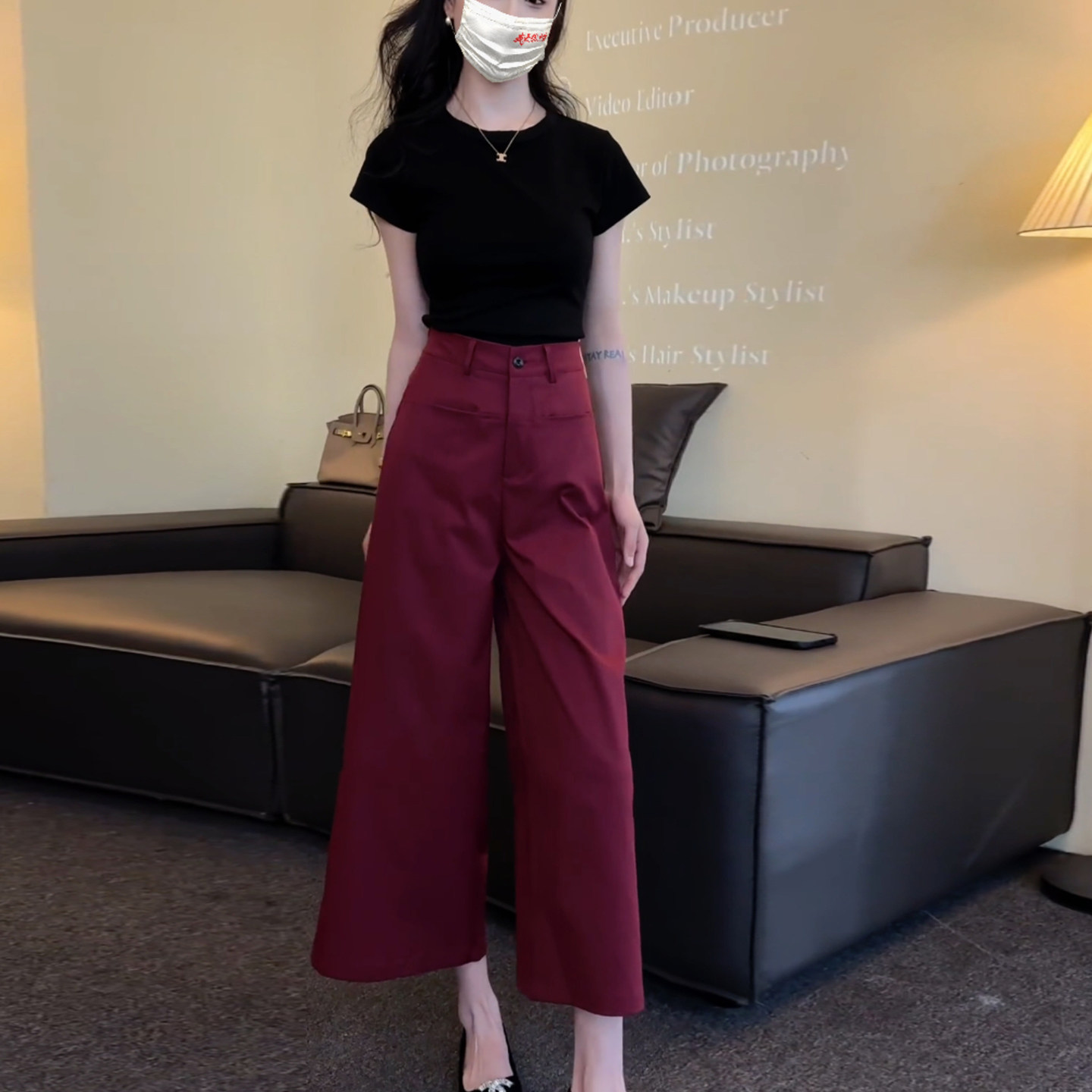 夏季薄款大码胖mm西装休闲裤女高腰显瘦宽松遮胯九分阔腿裤套装