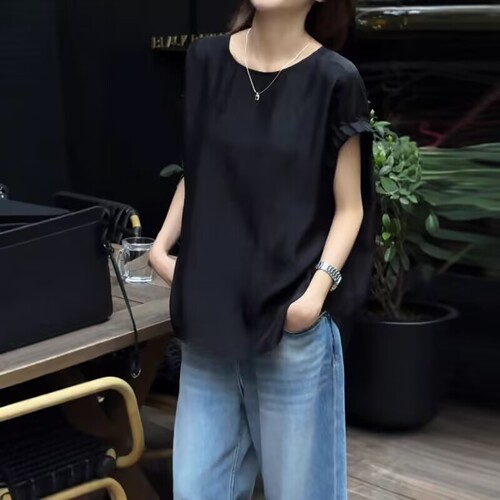 2025新款宽松洋气黑色排扣衬衫