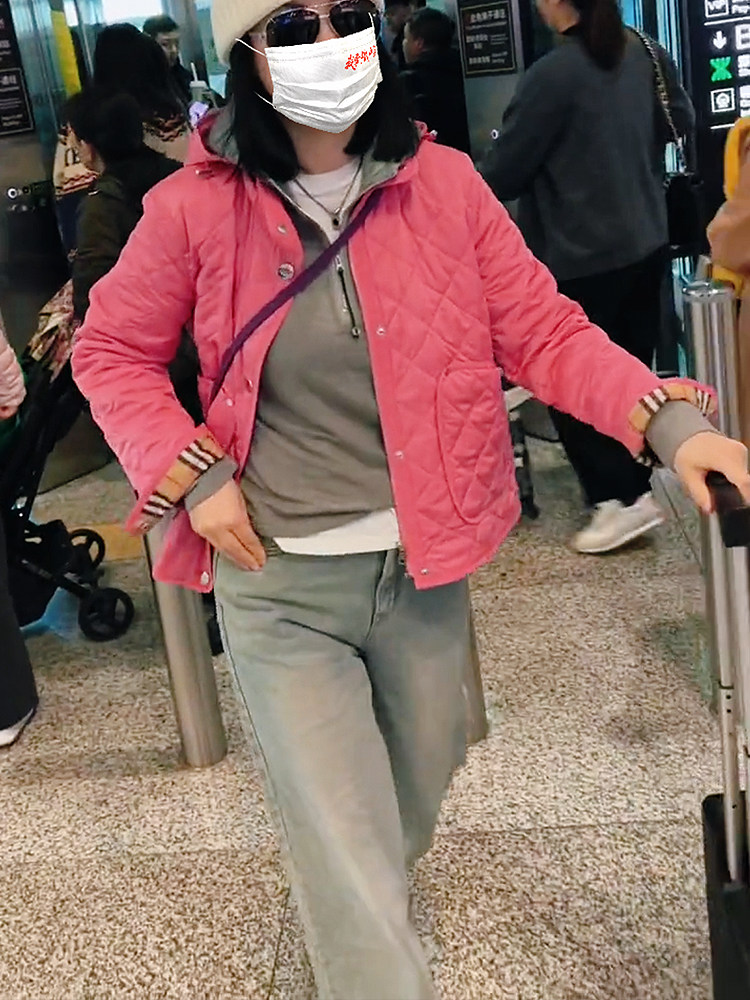 宽松粉色连帽棉服女短外套套装