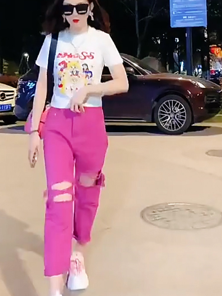 洋气炸街减龄破洞裤子两件套