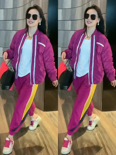 网红同款 时尚 套装 女2023年春秋紫色宽松棒球服夹克外套运动休闲裤