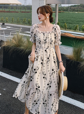 现货!温柔风仙气复古泡泡袖碎花连衣裙女短袖长裙2210P115控168