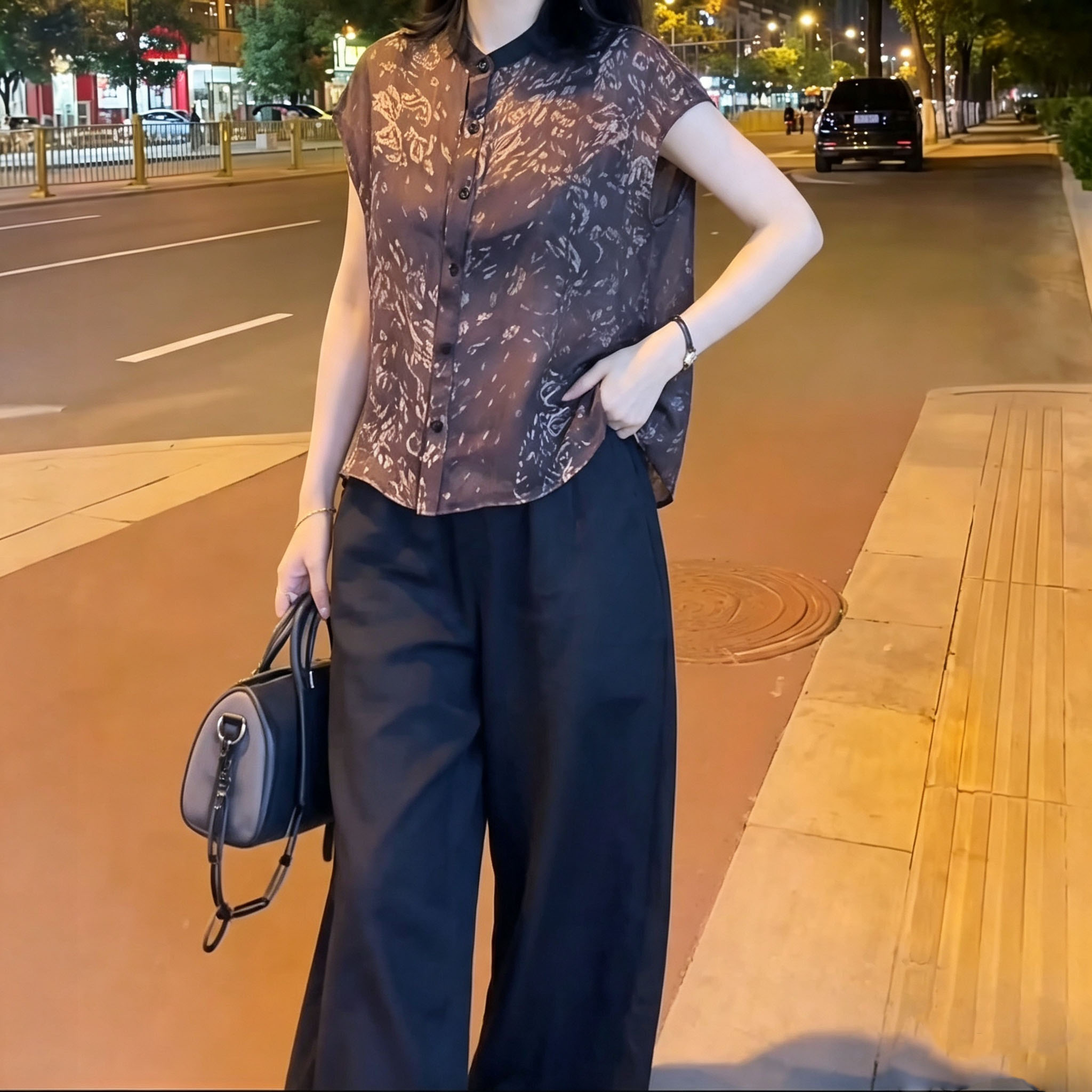 立领上衣夏季黑色阔腿裤两件套
