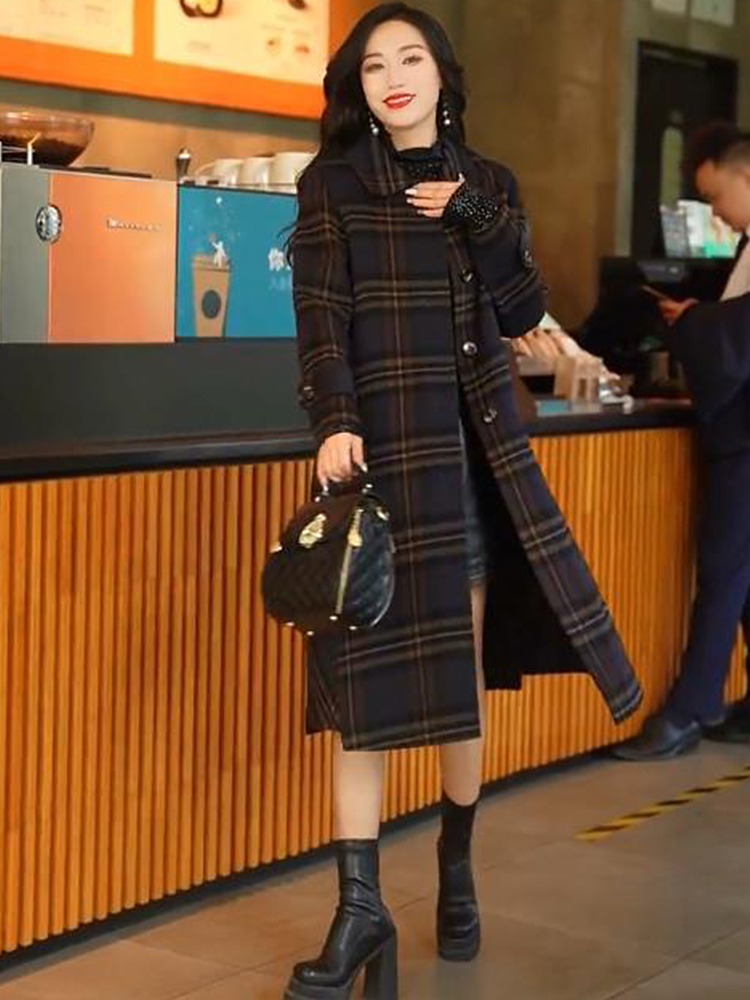 格子羊毛呢外套中长款