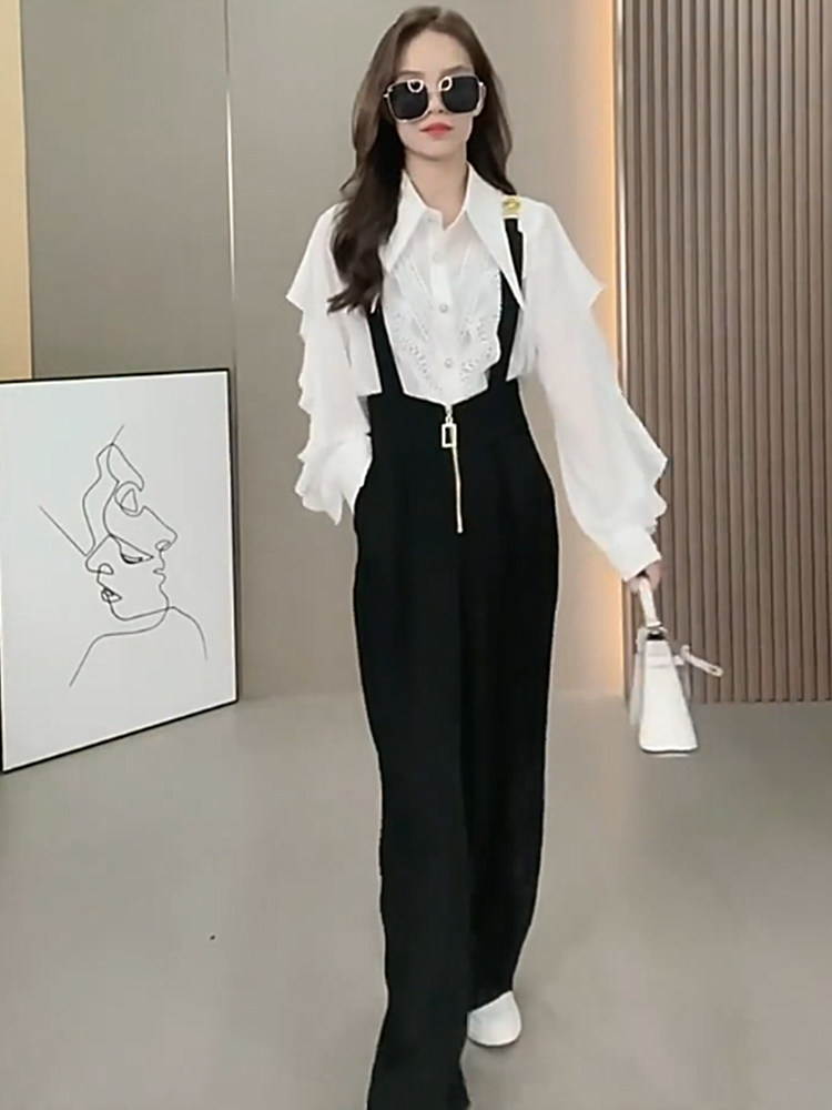 杭璐设计感黑色阔腿背带裤女