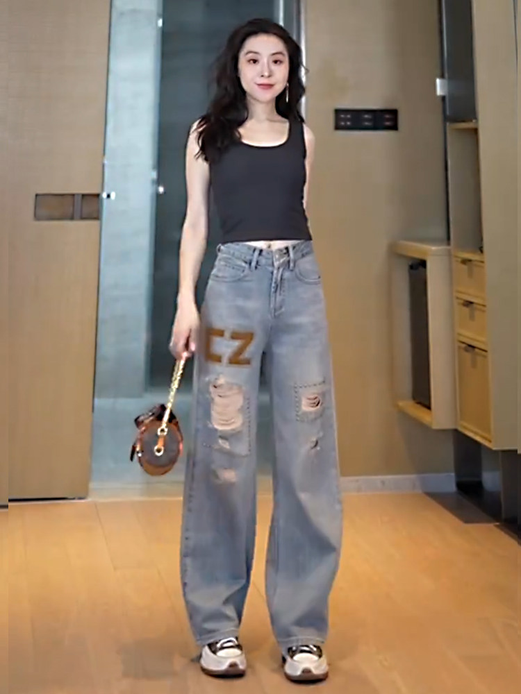 欧洲站字母破洞牛仔裤女