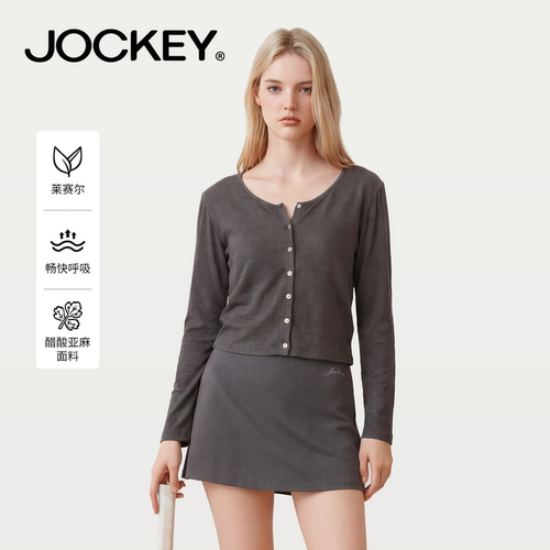 jockey醋酸亚麻开衫短款上衣显瘦纯色圆领舒适透气高弹针织衫女款