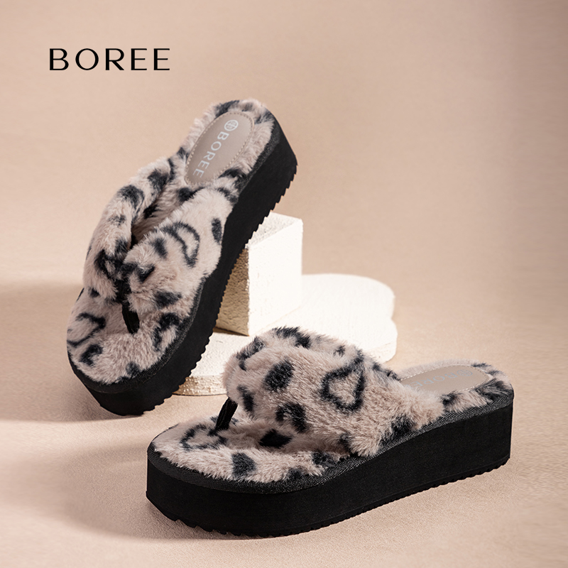 宝人毛毛拖鞋女外穿夹脚人字拖2024新款秋冬松糕厚底增高居家棉拖