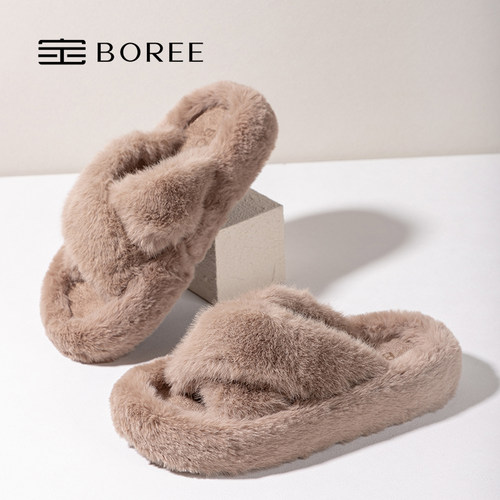 宝人毛毛拖鞋女外穿2025新款秋冬厚底网红爆款超火洋气家居棉拖鞋