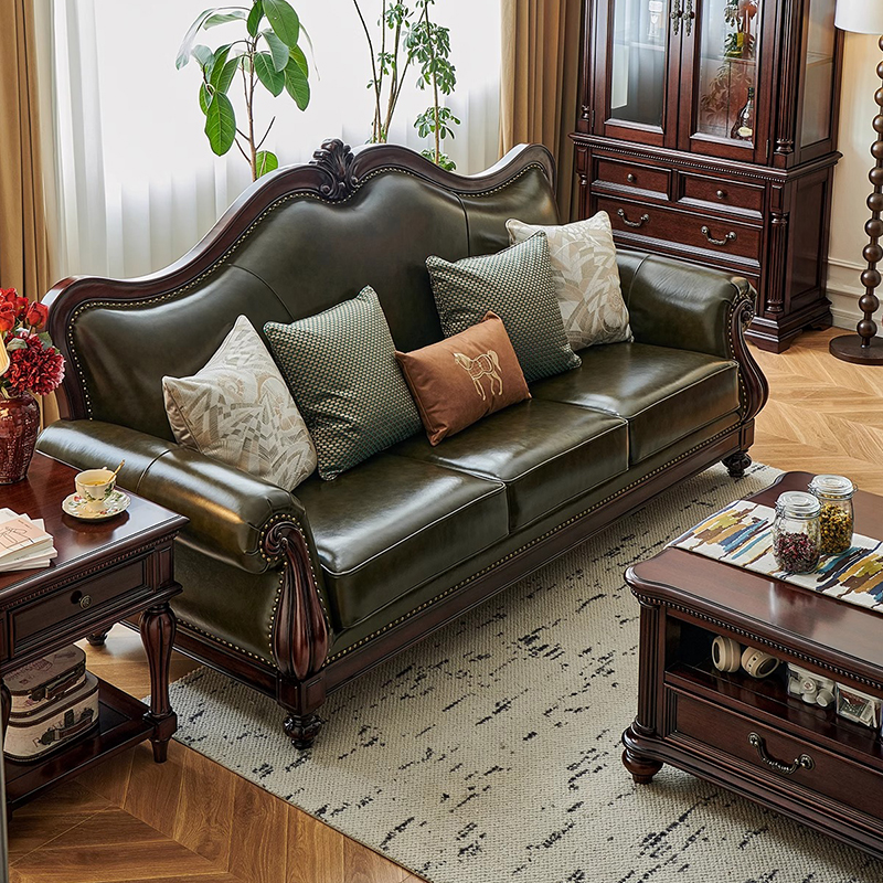 美式沙发全实木金丝柚木油蜡皮古典美式真皮沙发别墅客厅123组合
