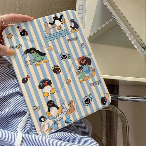 卡通条纹可爱企鹅Y+三折适用ipad11保护套air7/6新款ipad10带笔槽11寸防摔10.2/10.9苹果平板保护套mini7女