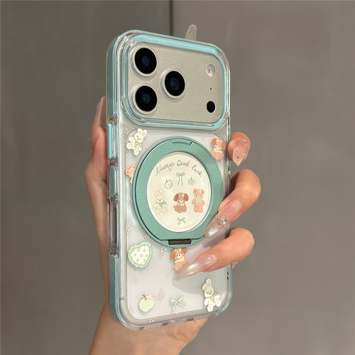 清新苹果绿卡通可爱动物旋转折叠支架适用苹果17promax手机壳iPhone17pro女新款16pro透明15全包防摔14保护套