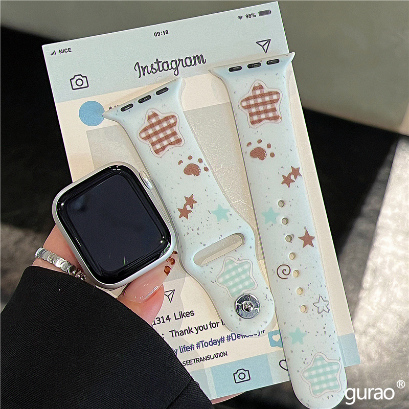 ins风泼墨薄荷绿星星适用iwatchs10硅胶苹果手表applewatch10表带s9/s8新款s7小众ultra2磨砂45se女款s6网红