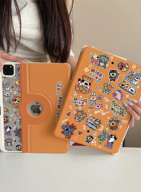 橙色卡通动物插画360度旋转适用ipad11保护套磁吸air7/6新款ipad10笔槽11寸防摔可拆卸苹果平板保护套mini7女