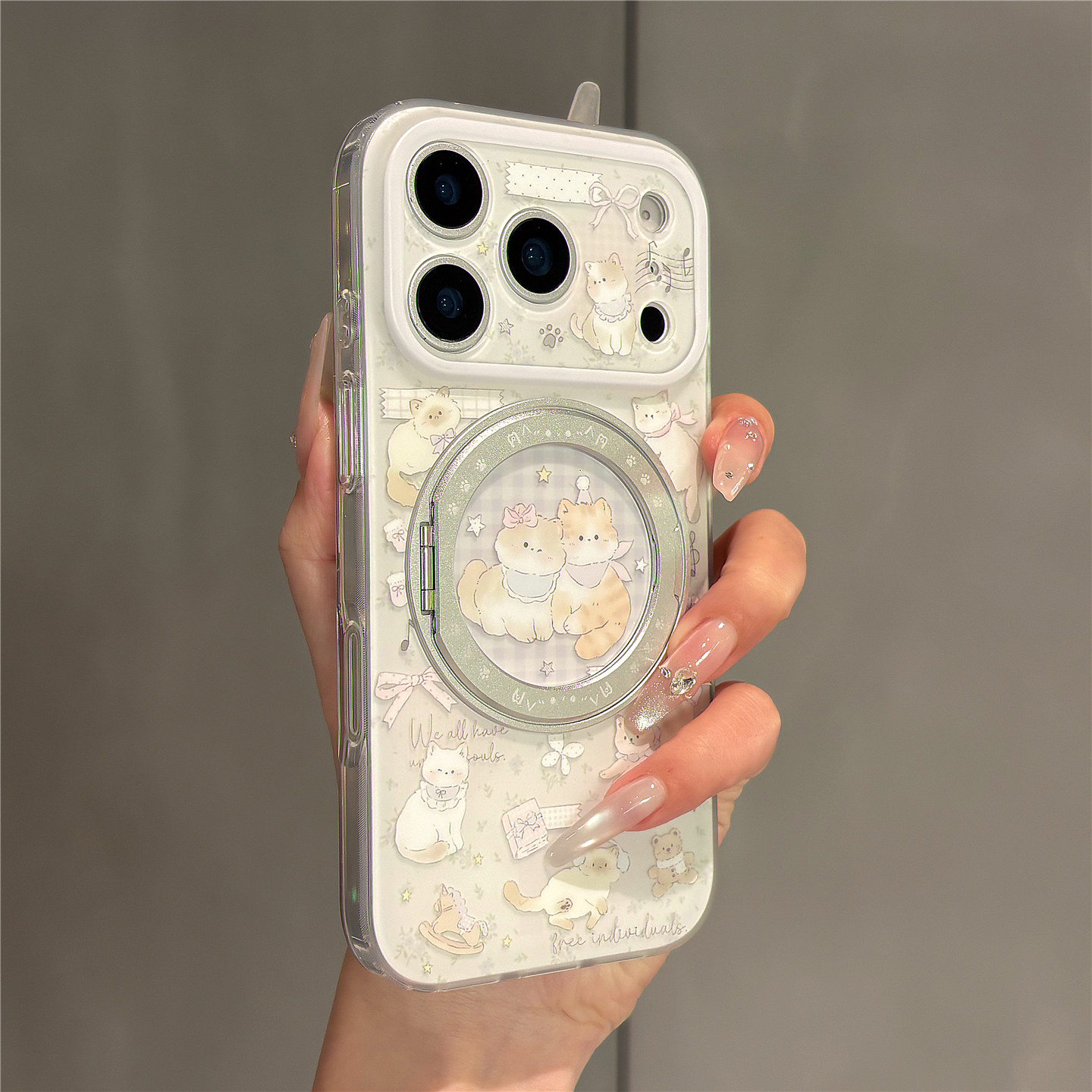 少女卡通格纹碎花猫咪折叠旋转支架适用苹果18promax手机壳iPhone17pro磨砂双层16pro女新款15pro防摔保护套