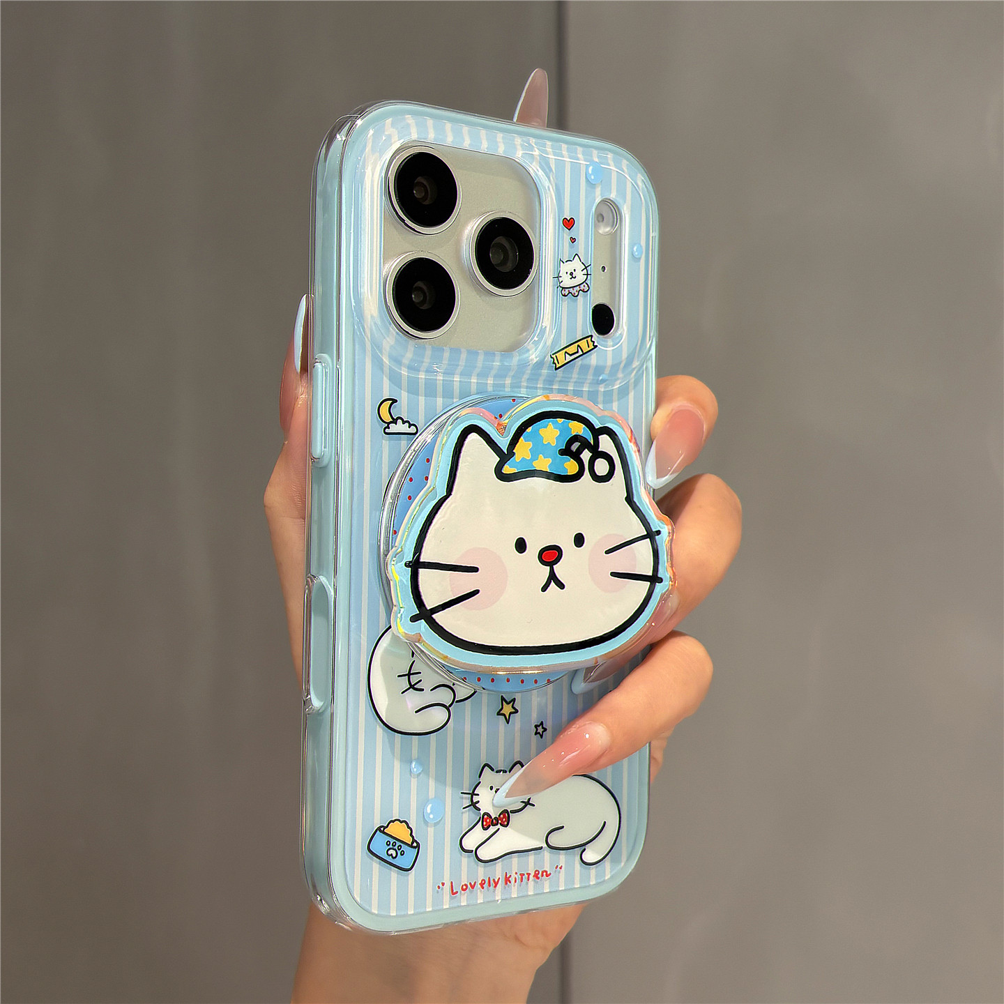 日韩可爱卡通条纹猫咪磁吸支架适用苹果18promax手机壳iPh