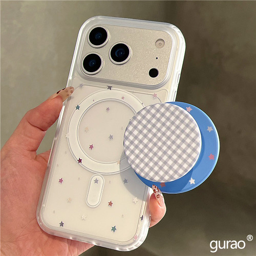 日韩ins格纹彩色星星磁吸支架适用苹果17promax手机壳iphone16女新款15磨砂肤感17pro防摔16pro保护套14网红