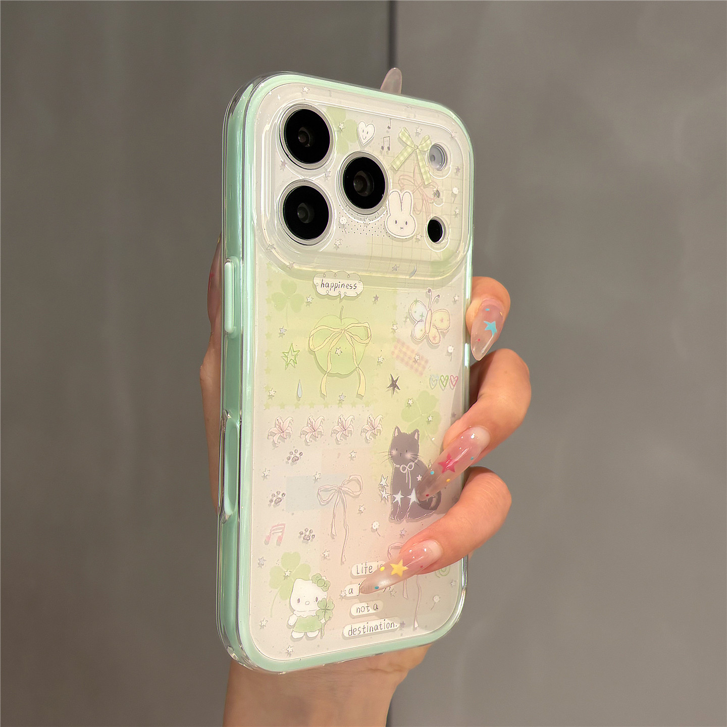 小清新绿色晕染四叶草青苹果猫咪适用苹果18promax手机壳iPhone17pro女新款16pro二合一15双层壳14防摔保护套图片