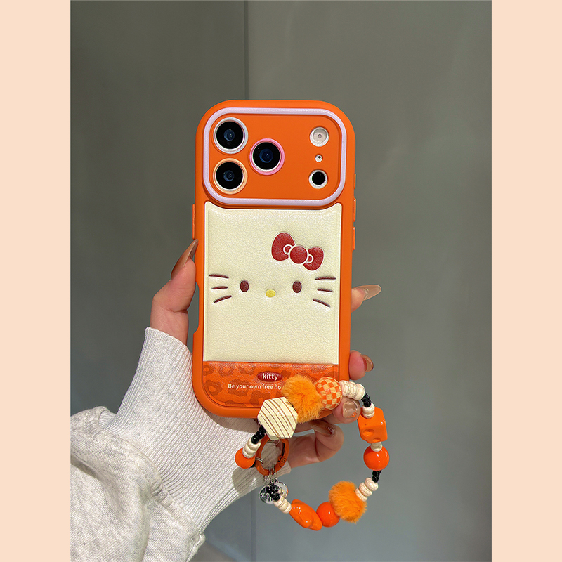 大视窗橙色豹纹拼接KT猫适用苹果17promax手机壳iphone16女新款15皮质17pro全包防摔16pro保护套14网红爆款13