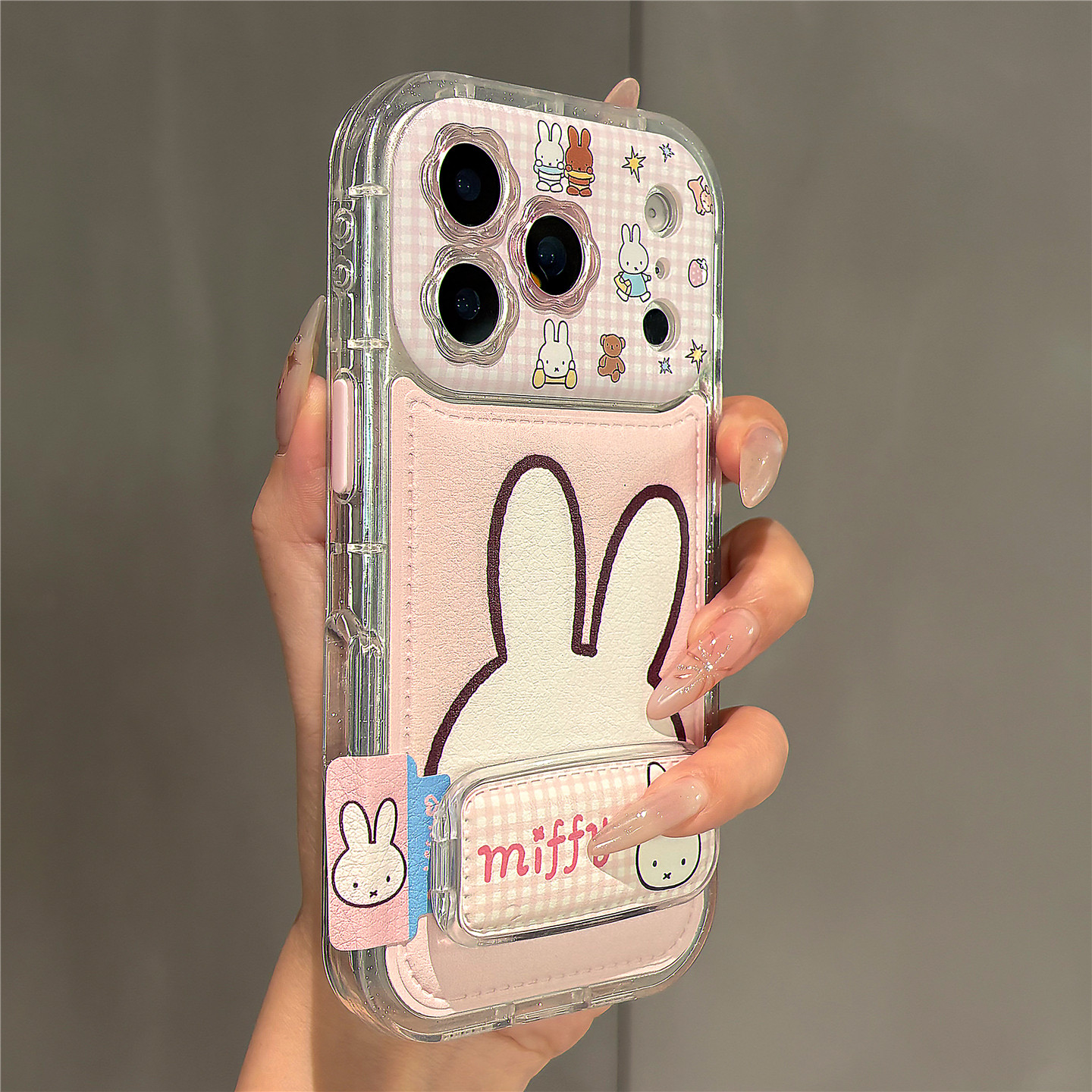 日韩粉色卡通米菲兔折叠镜面支架适用苹果17promax手机壳iP