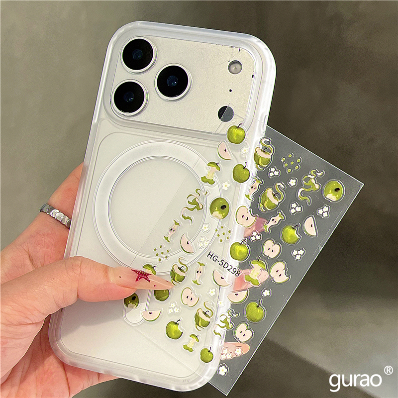 唯美卡通DIY绿色苹果贴纸适用苹果17promax手机壳磁吸iphone16女新款15磨砂肤感17pro防摔16pro保护套14网红
