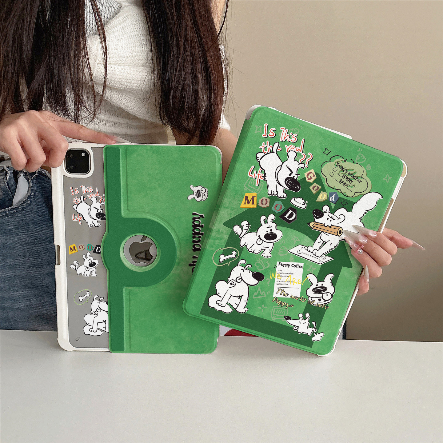 简约墨绿卡通狗狗360度旋转适用ipad11保护套磁吸air7/6新款ipad10带笔槽11寸防摔可拆卸苹果平板保护套mini7