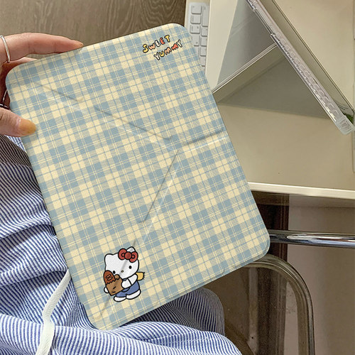格纹卡通可爱kt猫Y+三折适用ipad11保护套air7/6新款ipad10带笔槽11寸防摔10.2/10.9苹果平板保护套mini7女