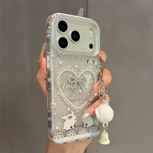 韩系甜美花边闪钻爱心兔子挂件适用苹果17promax手机壳iPhone17pr女新款16pro亚克力15防摔保护套14超好看ins