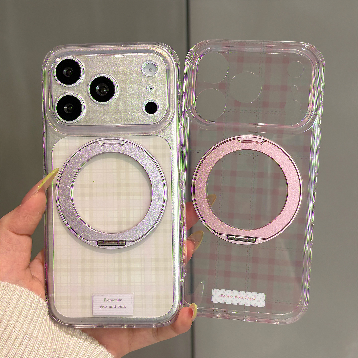 360旋转一体支架韩系ins半透粉紫格纹适用苹果18promax手机壳iPhone17pro女新款16pro超好看独特15防摔保护套