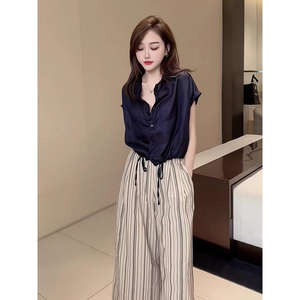 韩版短款薄款衬衫外套女2024夏季新款垂感条纹休闲显瘦阔腿裤套装