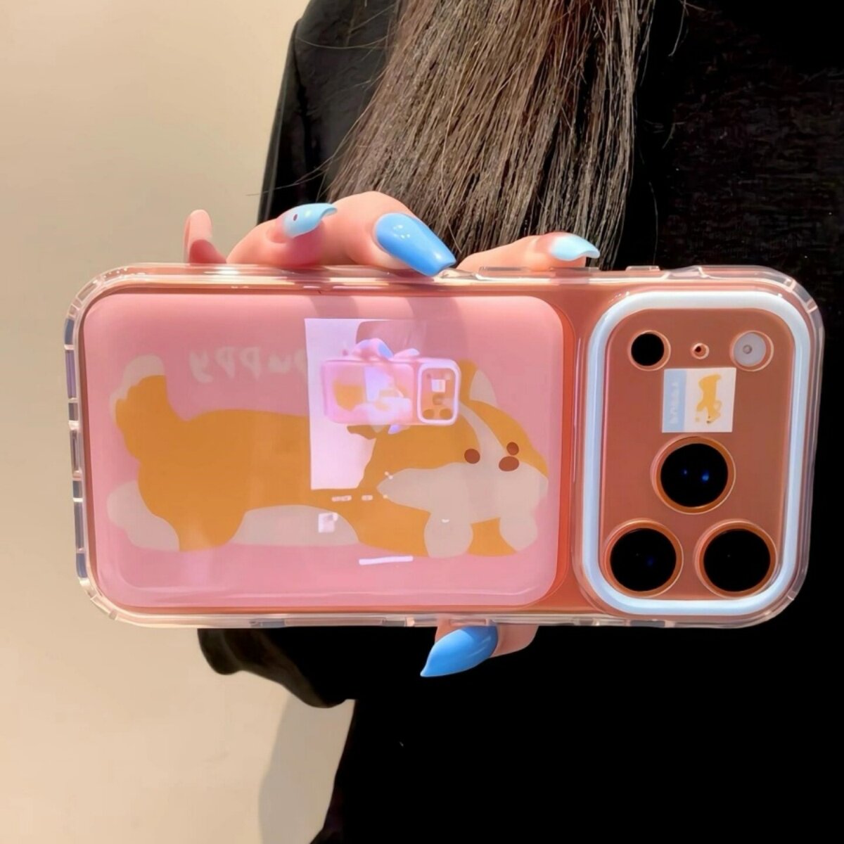 可爱小柯基适用苹果17PROMAX手机壳新款iPhone16PRO星空实色边条平果15PROMAX亮面光油日韩ins粉嫩小狗保护套