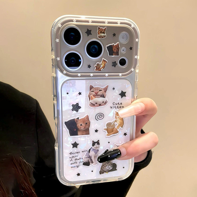 黑白猫咪哈基米适用苹果18/17PROMAX手机壳新款iPhone16PRO星空实色边条平果15PROMAX贝壳纹光油可爱闺蜜保护