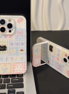 猫咪兔子IQ0012手机壳iqoo10格子ins风icooZ9TURBO爱酷z9/8/7x粉色NEO9/8/7/6se/5翻盖支架U3X防摔Z5X全包套