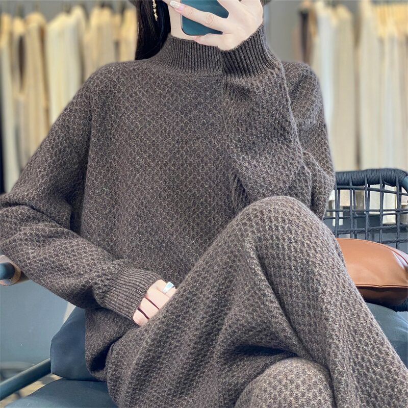 秋冬女高领加厚羊毛衫阔腿裤套装