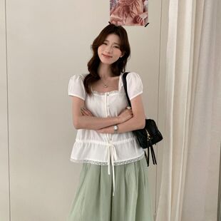 苏珊SUSAN 木耳边短袖衬衫女2026夏季新款甜美系带收腰上衣TX2005