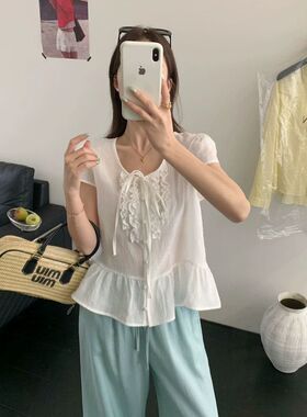 苏珊SUSAN 2026夏季新款V领木耳边拼接短袖宽松小衫上衣GL189
