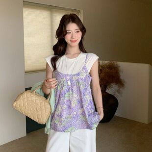 苏珊SUSAN 韩系时尚高级感宽松短袖T恤＋碎花吊带背心两件套T7072