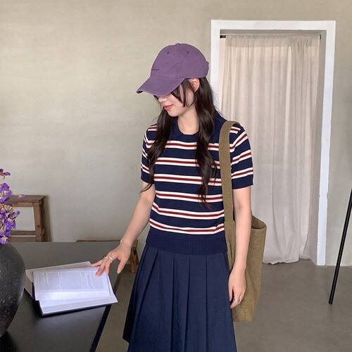 女学院风3296秋季针织衫女领短袖