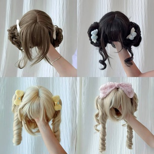 花初然lolita假发双马尾doll感罗马卷虎口夹抓夹短发马尾全头套女