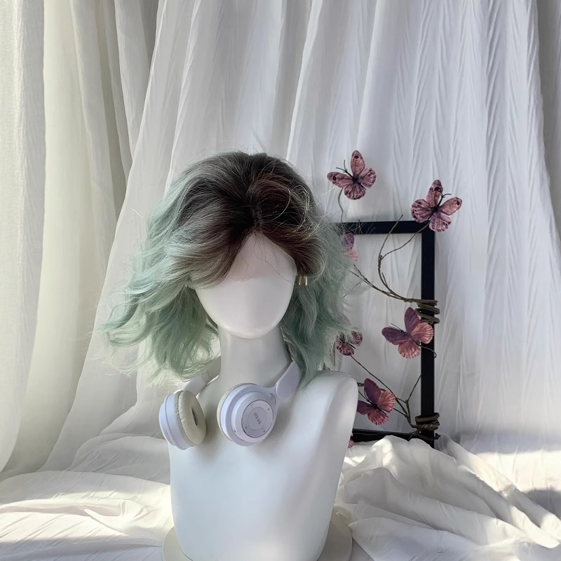 【海岛精灵】薄荷绿挑染短卷发冷棕渐变蛋蛋卷小蕾丝透气整顶头套