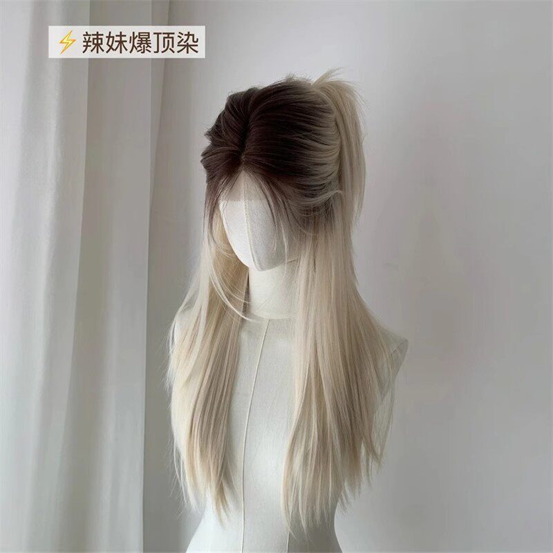【奶油布丁】假发女小额蕾丝白金爆顶染长直发亚裔cos万用全头套