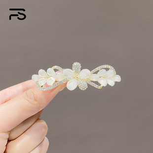 高档精致水钻琉璃花朵弹簧发夹韩版 后脑勺发卡半扎发一字横夹头饰