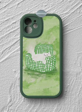 适用iPhone16promax苹果14小米15华为mate70propura80nova13荣耀vivox200红米K80小羊皮手机壳~绿色格子猫咪