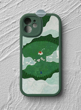 森林小屋插画苹果13promax小羊皮手机壳iPhone15plus绿色系11小米14华为nova12mate50p60全包p70荣耀100适用