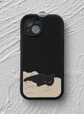 适用苹果17promax手机壳卡通小米15荣耀200华为p80卡通mate60nova14小羊皮可爱vivoS18全包oppo一加~枕上黑猫