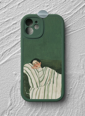 慵懒少女小众绿色系油画iPhone16proMax手机保护壳苹果13小米15新款14全包nova12华为prua70软mate60vivo适用