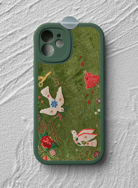 飞鸟绿色艺术插画iPhone16苹果15promax手机保护壳13小米14全包华为p70小羊皮荣耀300防摔vivos20一加12适用