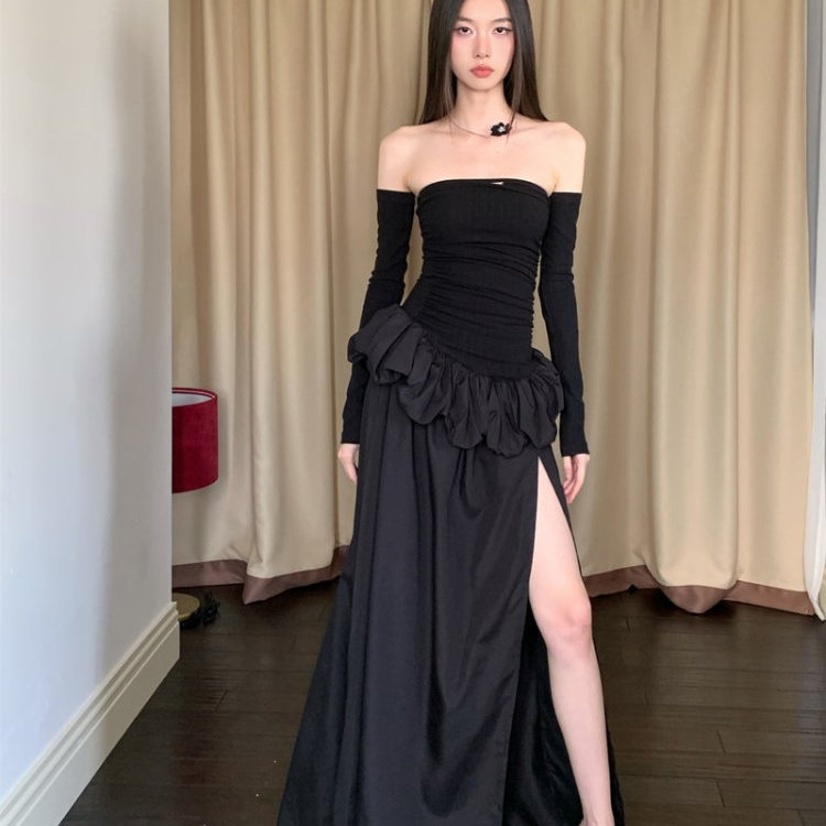 Grace 0120‘暗黑时刻‘’黑色抹胸拼接长款收腰性感蓬蓬连衣裙女