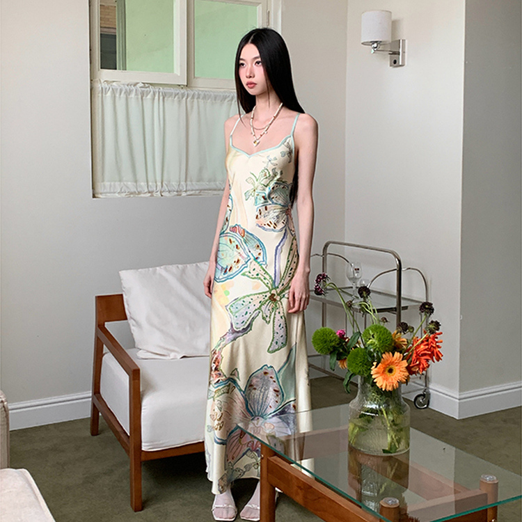 Grace 0120 花卉海洋主题花瓣V领吊带鱼尾连衣裙收腰显瘦长裙女夏